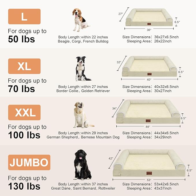 Large Dog Bed Orthopedic Washable: Beds Bolster XL Bed Big XLarge Dogs Egg Crate Foam Couch Sofa Waterproof with Removable Cover - Beige
