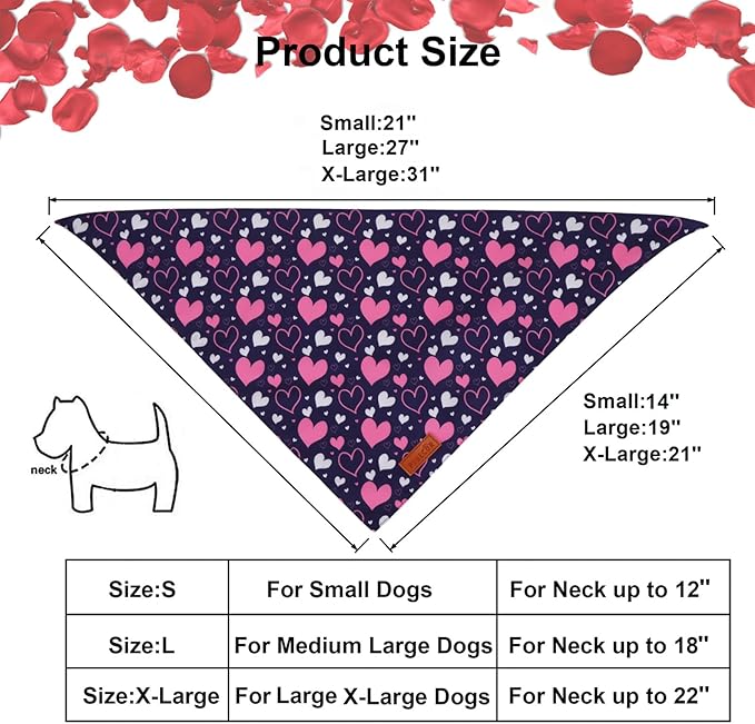PTDECOR Valentine Dog Bandana, White Purple Love Heart Design Reversible Dog Scarf, Triangle Valentine Bandanas for Medium Large Pets (Large)