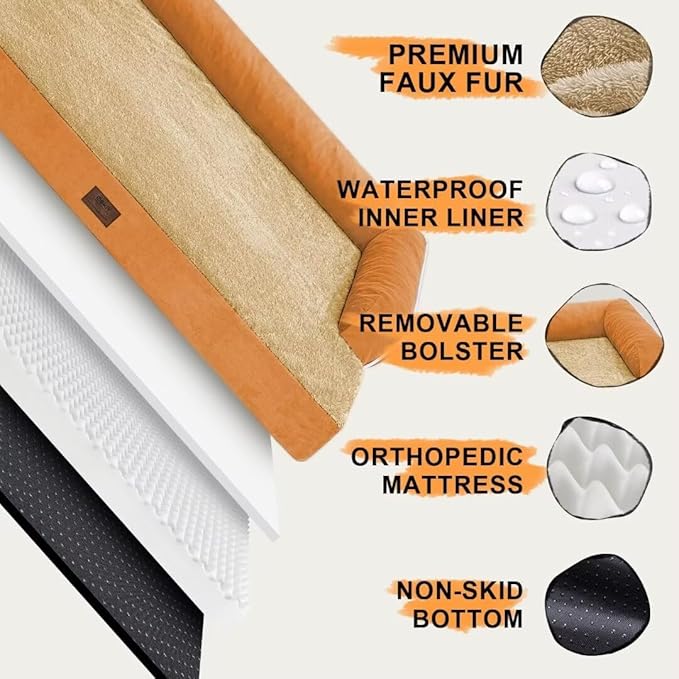 Large Dog Bed Orthopedic Washable, Dog Beds for Large Dogs, Washable Cover Removable Bolster and Non-Slip Bottom Jumbo Orthopedic Orange Dogs Beds, XXLarge Extra Large Dogs