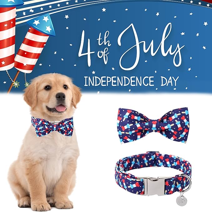 American Flag Dog Collar with Bow Tie, 4th of July Comfortable Cotton Cute Dog Collar with Metal Buckle, Patriotic Bowtie Collar for Puppy Girl Boy Dog or Cat, XS
