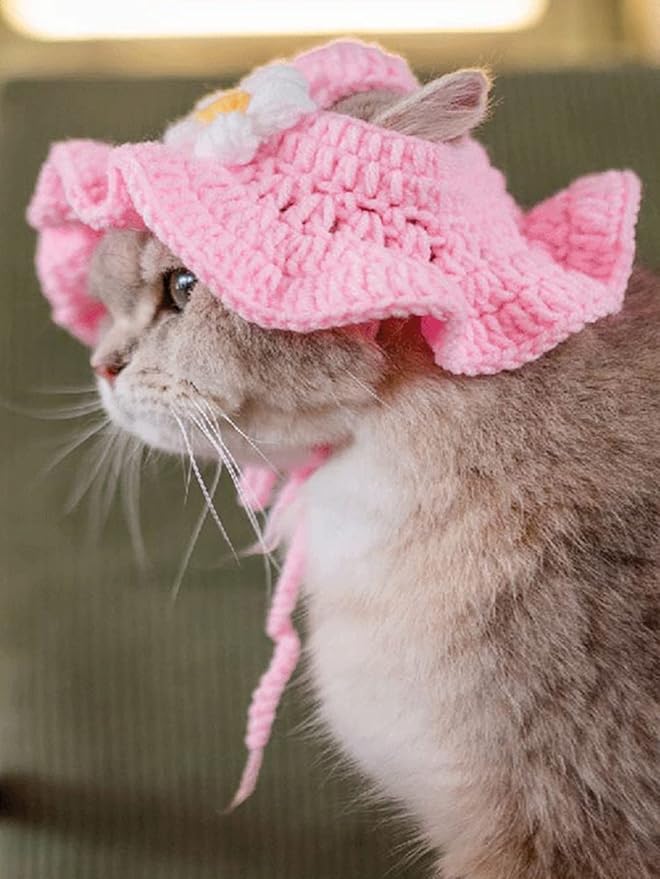 QWINEE Cartoon Design Knit Cute Dog Hat Soft Cat Hat Rabbit Hat Halloween Christmas Party Costume Head Wear Accessories for Puppy Cat Kitten Small Dogs Small Animals Pink and White Small