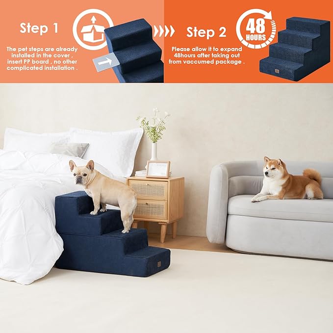 EHEYCIGA Dog Stairs for Bed 20”H, 4-Step Extra Wide Dog Steps for High Bed, Pet Steps for Small Dogs and Cats, Non-Slip Balanced Pet Indoor Ramp, Navy Blue