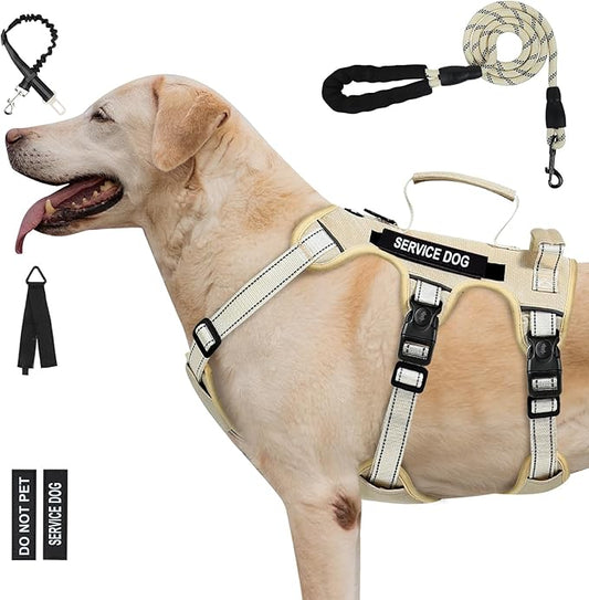 Escape Proof Dog Harness for Large Medium Sized Dogs Six Point Adjustable, Service Dog Vest Harness and Leash Set, No Pull Dogs Harnesses with Handle, XL Dog Harnesses for Walking(Beige, L)