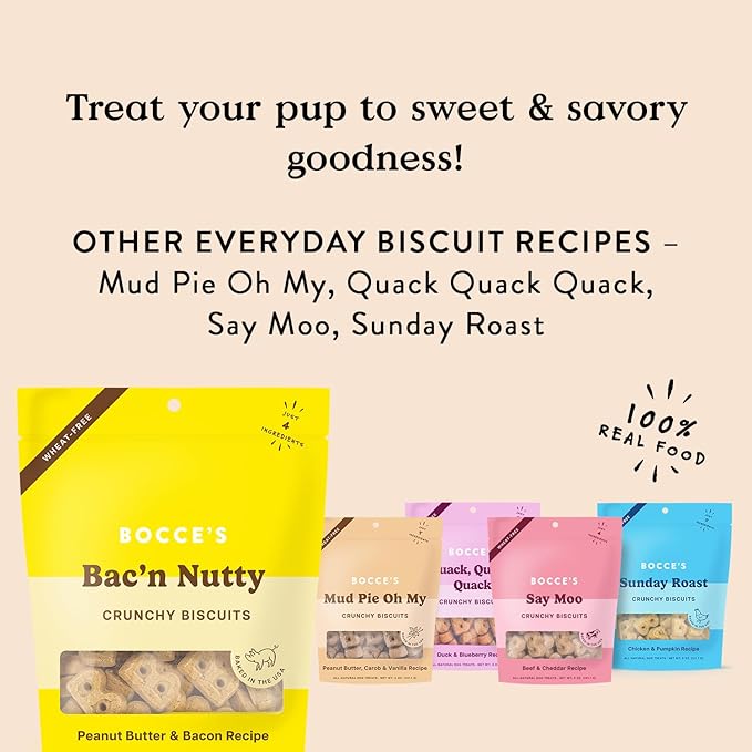 Bocce's Bakery Oven Baked Bac'N Nutty Treats for Dogs, Everyday Wheat-Free Dog Treats, Made with Real Ingredients, Baked in The USA, All-Natural PB & Bacon Biscuits, 5 oz
