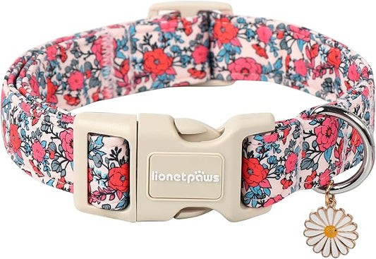 Lionet Paws Floral Dog Collar- Cute Red Pink Flower Dog Collars with Plastic Buckle, Light Adjustable Dog Collars for Small Medium Dogs