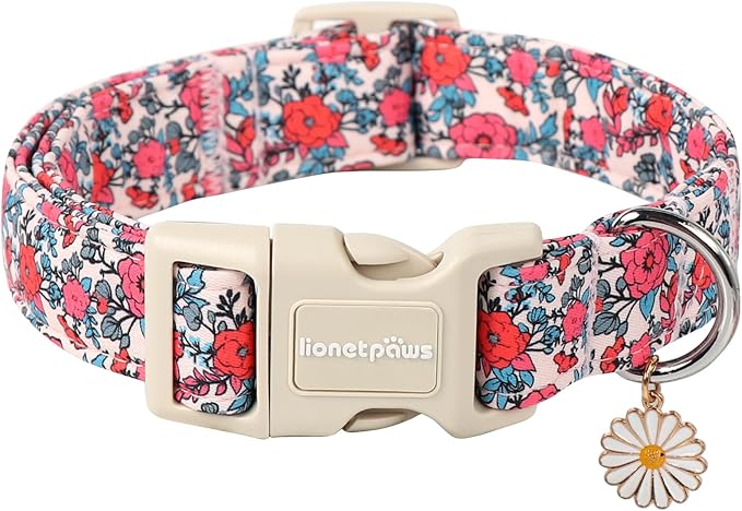 Lionet Paws Floral Dog Collar- Cute Red Pink Flower Dog Collars with Plastic Buckle, Light Adjustable Dog Collars for Medium Dogs