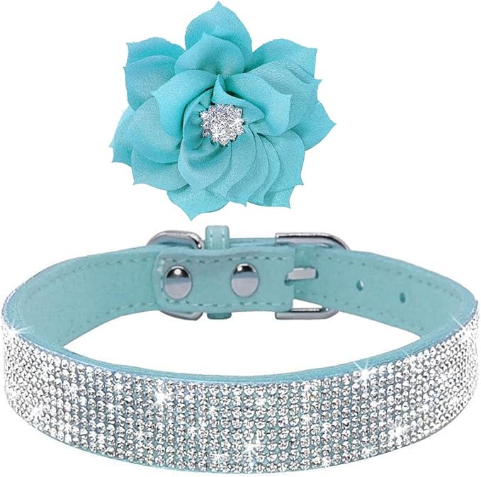 Rhinestone Dog Collar, Cute Dazzling Sparkling Soft Suede Leather Dog Cat Rhinestone Collar Crystal Diamond Pet Dog Puppy Collar (Blue5, S)
