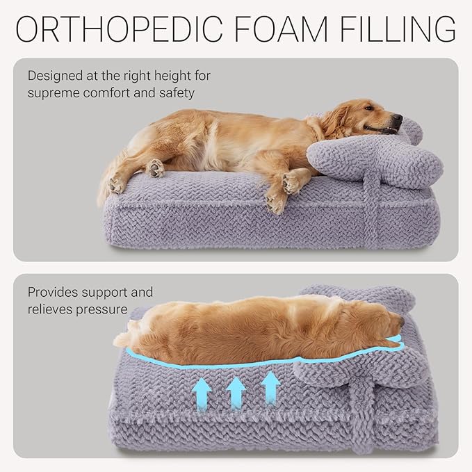 Soft Touch Orthopedic Dog Beds for Large Dogs, Extra Large Waterproof Dog Crate Bed with Removable Washable Cover, Attachable Pillow Cushion, Non-Slip Bottom (Grey, X-Large)