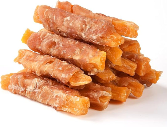 Dog Treats Chicken Wrapped Sweet Potato Fries with Taurine, Gluten Free Grain Free Training Snacks for Small Medium Large Dogs, Skinless Sweet Potato Stripes & Chicken Bites Chewy