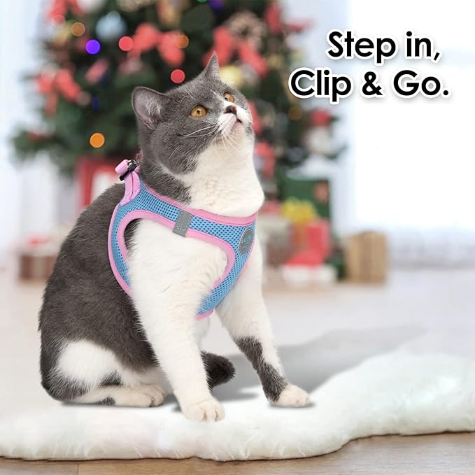 PHOEPET Step-in Dog Harness,Reflective Adjustable Dog Vest Harness, Soft Pet Walking Jacket with 2 Metal Leash Hooks for Dog and Cat(Baby Blue Base & Pink Straps,XL)