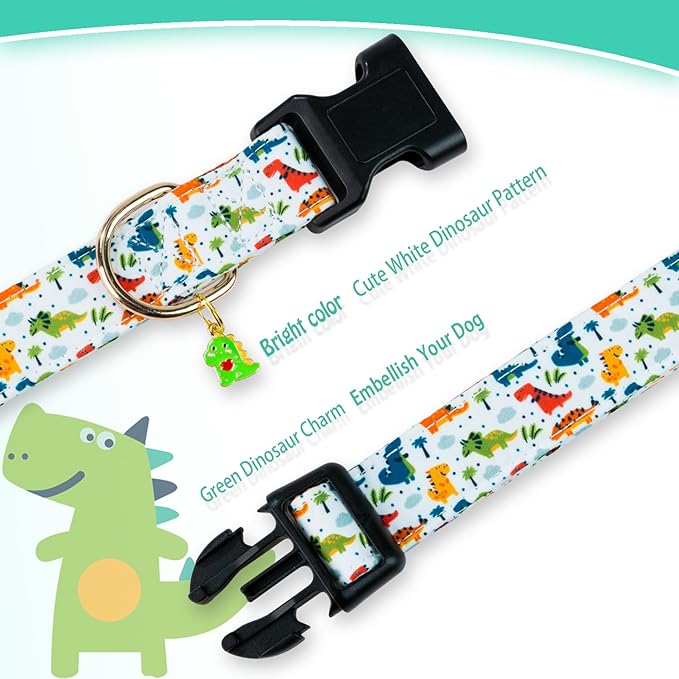 Cute Cotton Dog Collar - Special Design, Soft Adjustable Dinosaur Puppy Collars for Small, Medium, Large Dogs