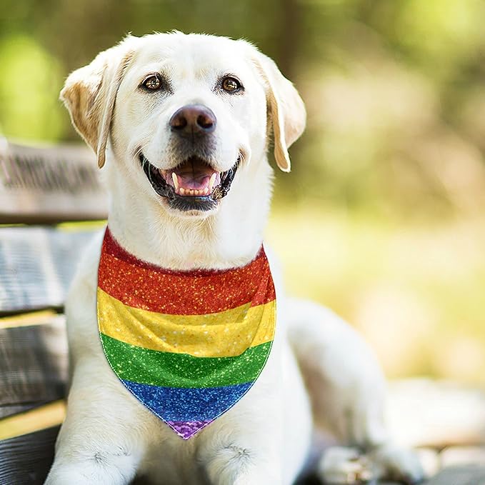 2 Pack Dog Bandanas LGBT Glitter Rainbow Pride Flag Milk Silk Pet Bandana Scarf Snap Button Triangle Bibs Kerchief Set Pet Holiday Accessories Decor for Small to Large Puppy Dogs Cats Large