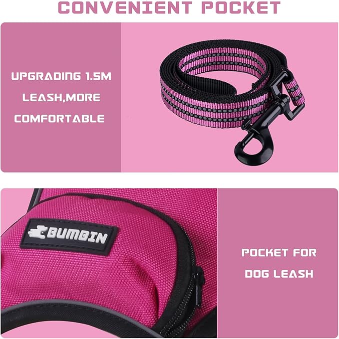BUMBIN Dog Harness for Large Dogs, No Pull Adjustable No Choke Pet Vest with Dog Leash Fit Smart Reflective Pet Walking Harness for Training Easy Control Soft Handle Rose Red XL