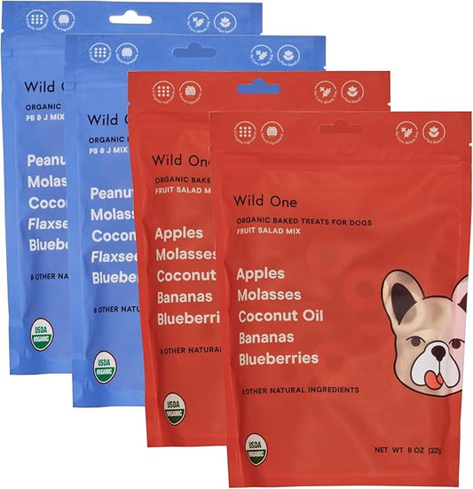 Wild One Organic Natural Crunchy Baked Dog Treats Made in The USA Treat Kit 4 Pack - 2 Fruit Salad + 2 PBJ