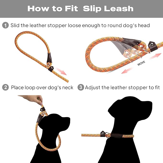 TwoEar Dog Leash Dog Slip Rope Leash 1/2" x 6FT Dog Training Leash Heavy Duty Strong Slip Lead Highly Reflective Threads for Small Medium and Large Dogs(Orange)