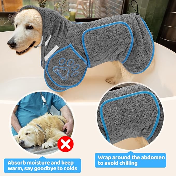 SlowTon Dog Bathrobe Towel - Super Absorbent Microfiber Pet Quick Drying Towel, Wearable Soft Bath Robes for After Bath Shower Swim Wet Walk, Adjustable for Small Middle Large Dogs (Grey, M)