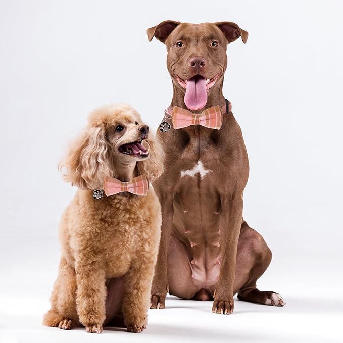 ADOGGYGO Pink Plaid Dog Collar with Detachable Bowtie, Adjustable Soft Plaid Pink Collars for Small Medium Large Female Dogs (Large)