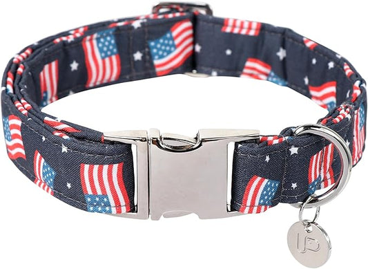 American Flag Dog Collar, 4th of July Comfortable Cotton Cute Dog Collar with Metal Buckle, Patriotic Collar for Puppy Girl Boy Dog or Cat, L