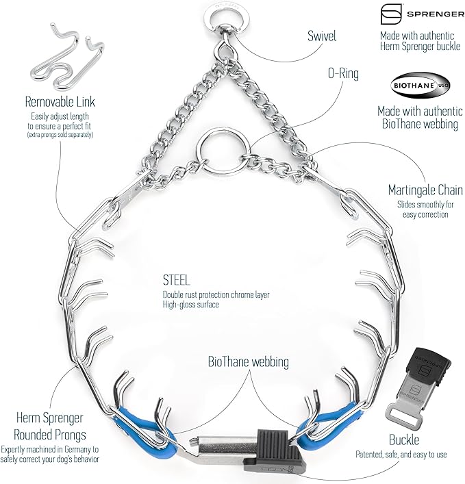 Herm Sprenger Chrome Plated Steel Dog Collar with Quick Release ClicLock Buckle and Biothane Insert Training Collar for Dogs Made in Germany (Cerulean Blue, 16in x 2.25mm(Neck Size up to 13-14in))