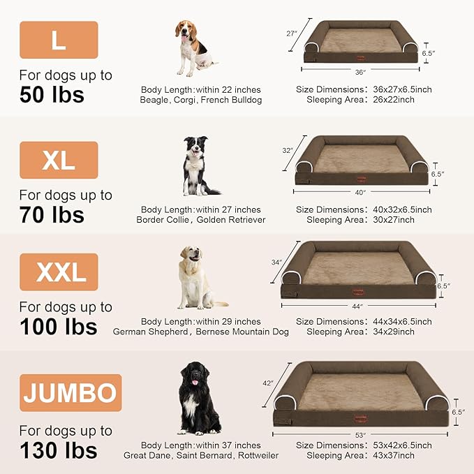 Large Dog Bed Orthopedic Washable: Beds Bolster XL Bed Big XLarge Dogs Memory Foam Sofa Couch Waterproof Removable Cover - Brown