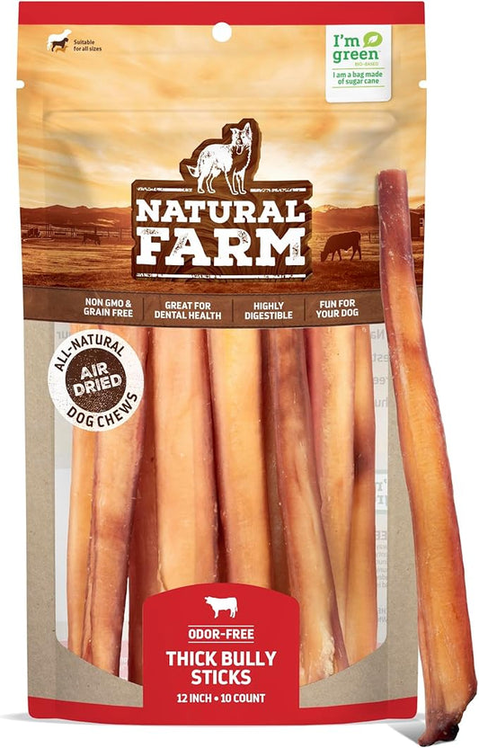 Natural Farm Odor-Free Thick Bully Sticks (12”, 10-Pack) All-Natural Long-Lasting Dog Chews, 100% Beef Pizzle, Grass-Fed, Grain-Free, Protein for Muscle Development & Energy, Perfect for Large Dogs
