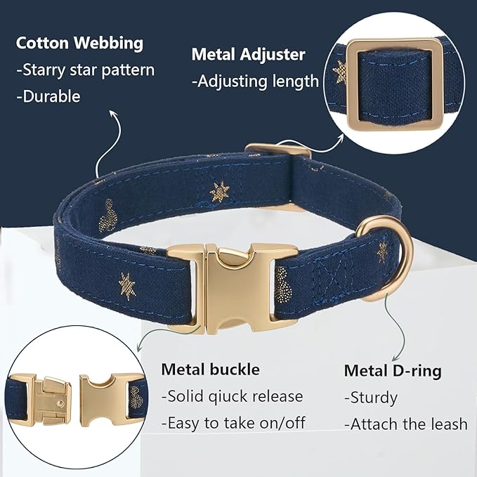 Cotton Dog Collar with Metal Buckle Adjustable Soft Dog Collars with Gold Star for Small Medium Large Dogs,Dark Blue,Medium
