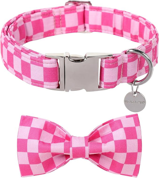 Dog Collar with Bow Tie,Pink Bow Dog Collar with Adjustable Buckle,Cotton Puppy Collar for Small,Medium,Large Dogs