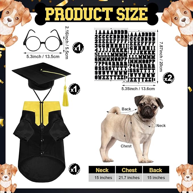 5 Pcs Dog Graduation Costume Set Include 2025 Pet Graduation Gown with Stole Puppy Grad Cap Lensless Glasses DIY Letter Stickers for Dogs Cats Holiday Costume Accessory(Black Yellow,M)