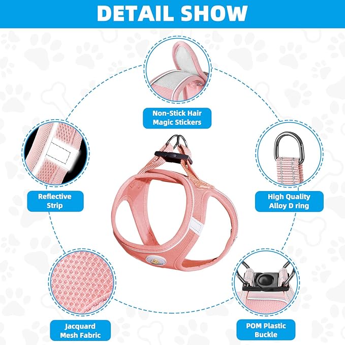 Dog Harness and Leash Set, No Pull Soft Mesh Pet Harness for Small Medium Dogs, Cats - Step in Adjustable Reflective Puppy Harness with Buckle and Double D-Rings - Pink, L