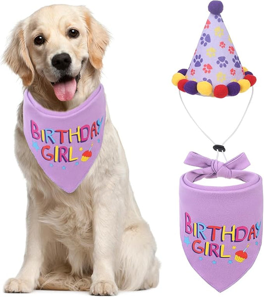 PUPTECK Dog Birthday Bandana Scarf with Cute Doggy Party Hat, Costume Decorations Supplies for Small Medium Large Dogs Boy Girl Outfit Gifts, Purple