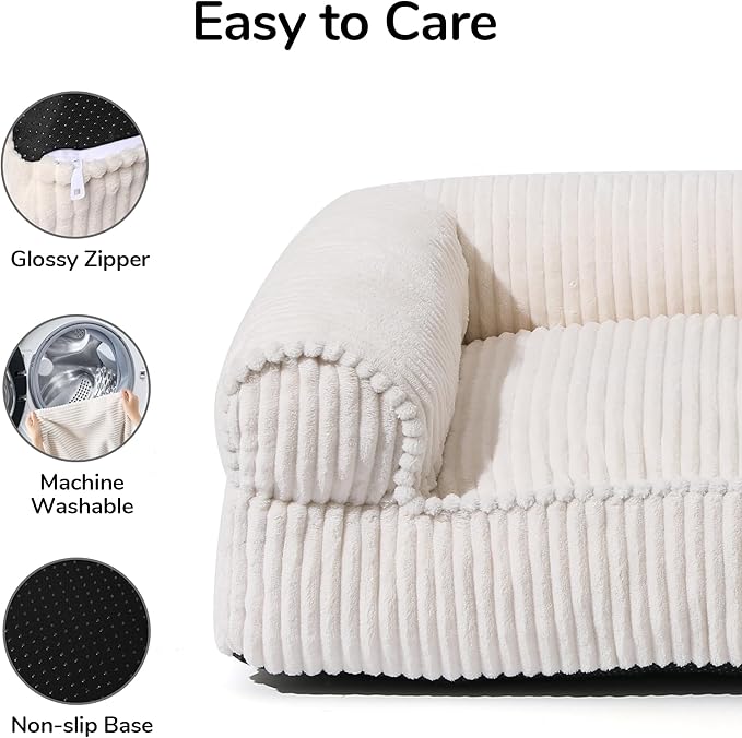 FUKUMARU Cat Couch Bed, Corduroy Cozy Cat Bed for Indoor Cats with Removable Washable Cover, Supportive Anti-Slip Dog Beds Sofa for Small Dogs Cute, 27inch, Medium, Cream