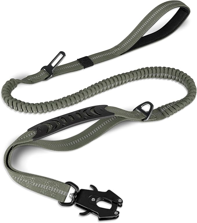 Joytale Tactical Dog Leash Heavy Duty, 4-6FT Shock Absorbing Bungee Lead with 2 Padded Handle, Metal Carabiner Clip, Car Seatbelt, Strong No Pull Leash for Medium Large X-Large Dogs, Army Green