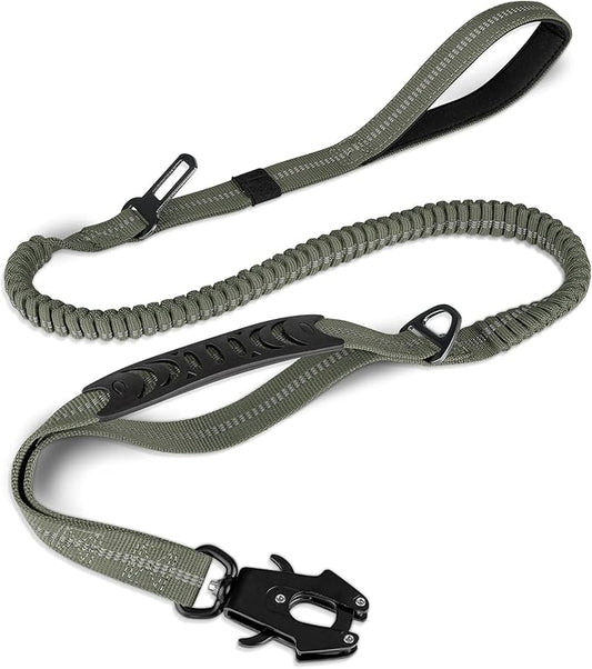 Joytale Tactical Dog Leash Heavy Duty, 4-6FT Shock Absorbing Bungee Lead with 2 Padded Handle, Metal Carabiner Clip, Car Seatbelt, Strong No Pull Leash for Medium Large X-Large Dogs, Army Green