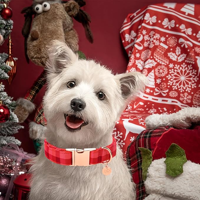 Christmas Dog Collar, Christmas Collar for Puppy Girl Boy Dog or Cat, Red Plaid Dog Collar with Durable Metal Buckle, Cute Pet Collar, XL