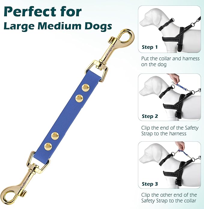 PetBonus Dog Collar Safety Clip, Waterproof Backup Safety Strap for Dog Harness to Prong Collar, Odor Proof Double Ended Clasp Leash Connector for Training Walking (Blue)
