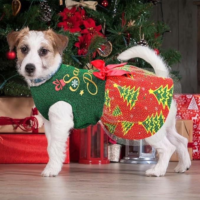 Dog Christmas Outfit and Costume - Funny Puppy Dress With Bow for Small and Large Dogs - Pumpkin Witch Bat Pet Halloween Clothes