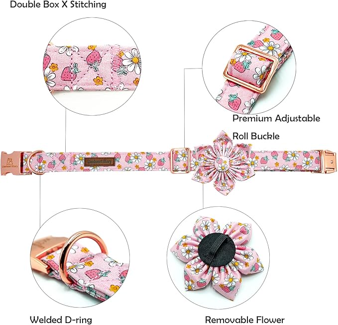 Lionheart glory Dog Collar Flower Collar Pink Dog Collar with Flower Spring Summer Cute Collar Dog Female Soft Durable Adjustable Dog Collars for Small Dogs, B:Strawberries