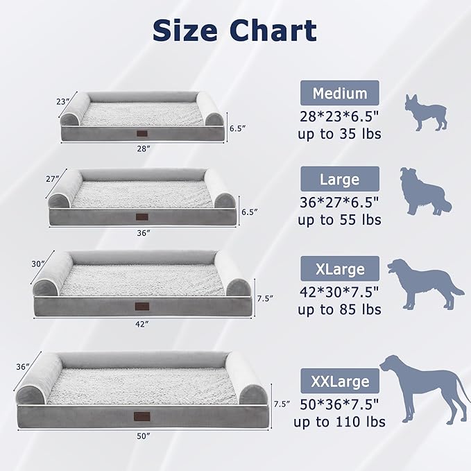 WESTERN HOME Dog Beds Large Sized Dog, Orthopedic Large Pet Bed with Waterproof Lining, Removable Washable Cover and Nonskid Bottom, Medium Couch, Grey