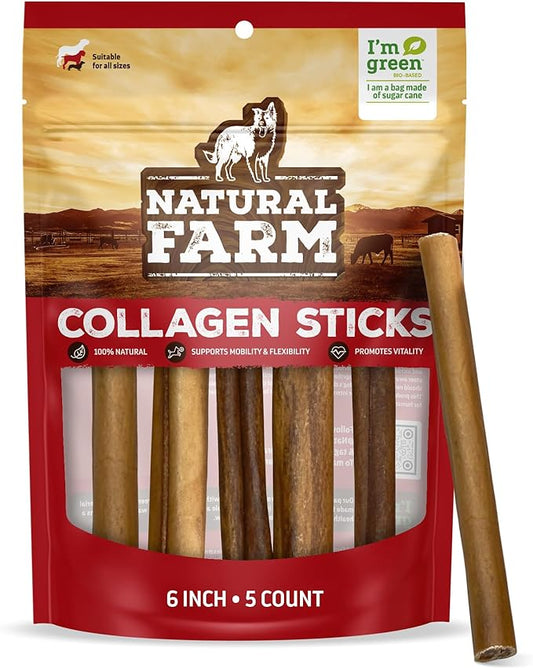 Natural Farm Collagen Sticks 6-Inch Dog Chews - Odor-Free, 95% Natural Collagen Supports Healthy Joints, Skin & Coat - Small, Medium Dogs – Lasts 20% More (6 inch, 5 Pack)