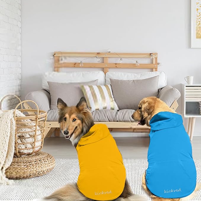 2 Pieces Basic Dog Hoodie, Premium Spring Summer Dog Vest Sweatshirt with Pocket & Leash Hole, Soft & Comfy Puppy Sweatshirt Suitable for All Small Medium Large Breeds, Blue + Yellow(XX-Large)