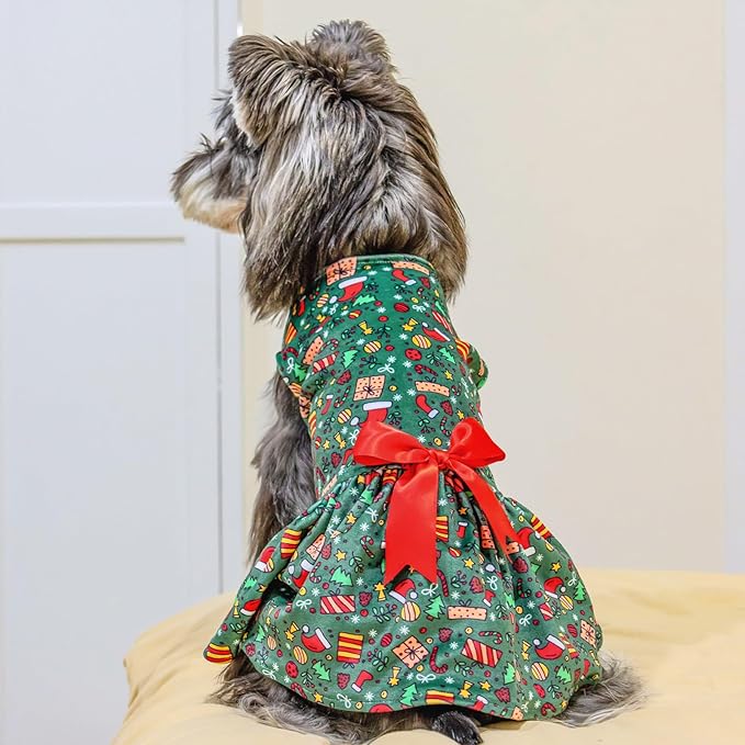 CuteBone Christmas Dog Dresses Outfit Velvet Holiday Small Dogs Clothes Onesie Pet Apparel Girl Puppy Skirt with Bow Hair Rope CVA33M