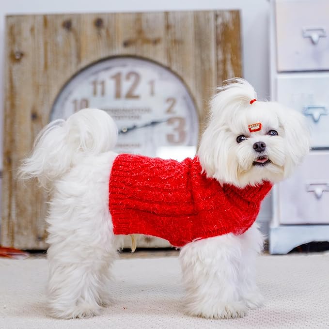 Turtleneck Small Dog Sweaters - Classic Cable Knitwear Winter Coat for Small Medium Dogs Male Female Puppy Dog Cold Weather Clothes Girls Boys, Red, M