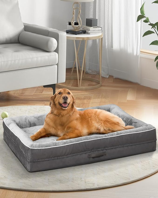 Large Orthopedic Dog Bed with Egg Foam Couch, Removable Washable Cover, Waterproof, Non-Slip Base, Four-Sided Bolster Cushion, Gray, for Large Dogs