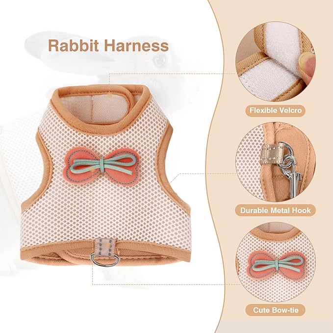 Rabbit Harness and Leash Set with Cute Bow tie Buckle Breathable Mesh Vest Harness for Rabbits Kitten Small Pets Pig Walking(L: Chest Girth 11.02-13.38IN, Khaki)