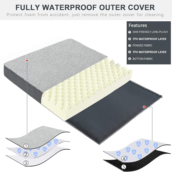 MIHIKK Waterproof Dog Beds Large Sized Dog Orthopedic Dog Beds for Crate with Removable Washable Cover Egg-Crate Foam Pet Pad Mat with Anti-Slip Bottom, 41x27 Inch, Light Grey