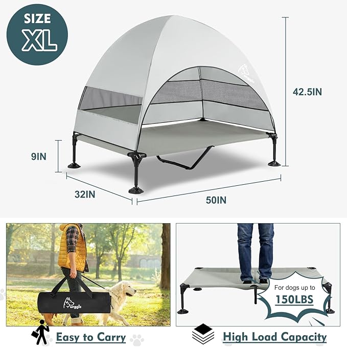 Upgraded Elevated Dog Bed with Canopy, Portable Raised Outdoor Dog Bed with Stable Anti-Slip Feet, Removable Wider Shade, Raised Dogs Cot for Large Pets Camping, Indoor & Outdoor Use