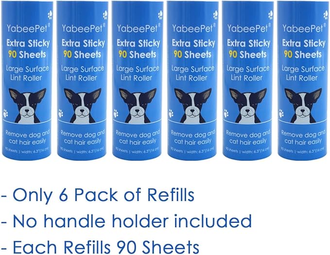 Extreme Sticky Large Surface Lint Roller, 6.3'' Giant Pet Hair Remover Roller for Pet Dog Cat Hair, Clothes&Furniture Cleaning, 90 Sheets (6 Refills)