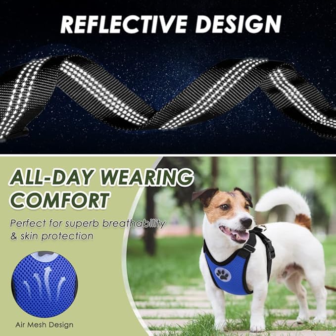 SlowTon Dog Seat Belt Harness for Car, Dog Car Harness Adjustable Mesh Breathable & Dog Seatbelt Safety Tether with Elastic Bungee for Small Medium Large Pets(Blue, Double Clip, S)