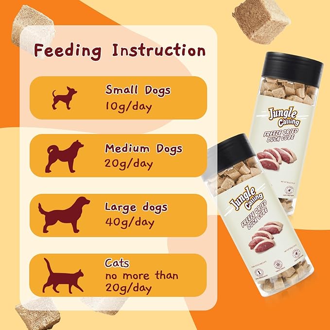 Jungle Calling Freeze Dried Dog and Cat Treats - High Protein, Low Fat, Made with a Single Ingredient - Perfect for Training and Snacking, 2.8 oz (Duck Cube)