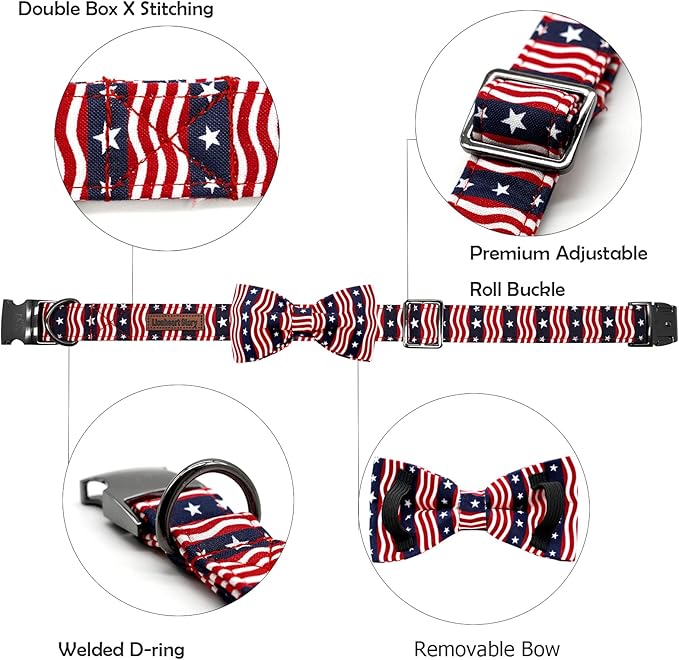 Lionheart glory American Flag Dog Collar, 4 of July Dog Bow Collar Heavy Duty Adjustable Patriotic Dog Collar with Bowtie for Large Dogs Pet Gift